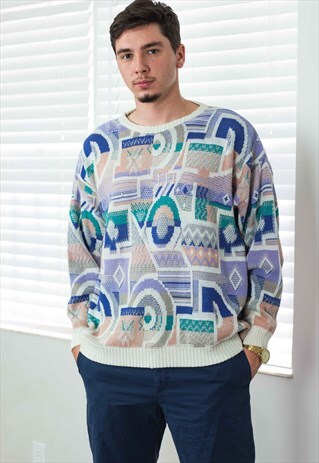 VINTAGE RETRO PATTERN JUMPER SWEATER LOGO 90S L 20.3