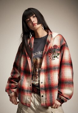 Hooded check jacket woolen grunge lumberjack bomber red