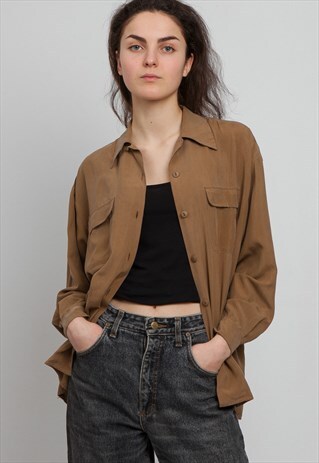 VINTAGE BROWN LONG SLEEVE SILK SHIRT