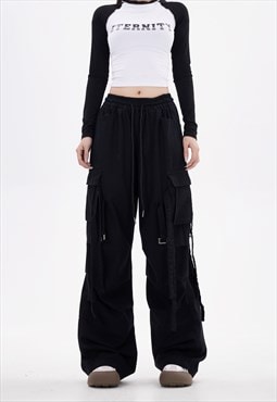 Parachute joggers cargo pocket pants rave trousers in black