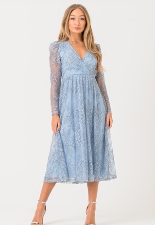 V-WRAP BLUE LACE MIDI DRESS WITH LONG SLEEVES