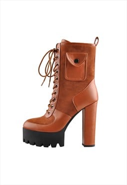 Lace Up Chunky Heel Combat Mid Calf Pocket Fashion Boots