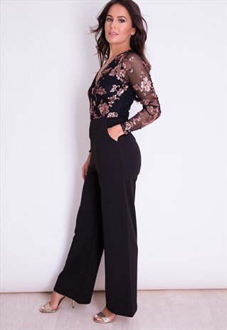 ISABELLA SEQUIN TOP WIDE LEG JUMPSUIT BLACK & ROSE GOLD