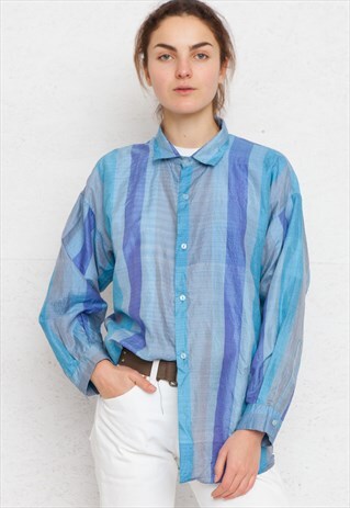 VINTAGE BLUE GREY LONG SLEEVE SILK SHIRT