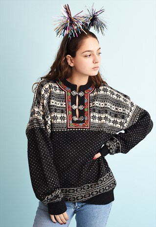 90'S RETRO NORDIC FAIR ISLE WOOL KNIT CHRISTMAS JUMPER