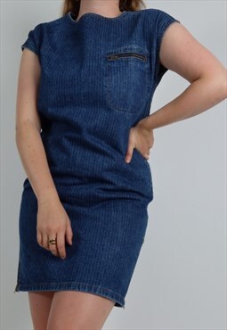 Vintage denim midi dress with zip pocket and slit in blue