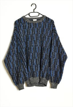 Vintage 70s Blue Black Grey Wool Blend Knit Sweater