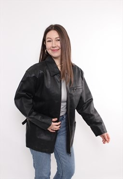 Vintage leather jacket, 90s woman black motorcycle jacket