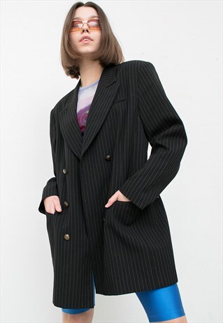 VINTAGE BLACK STRIPED JACKET CLASSIC BLAZER DOUBLE BREASTED