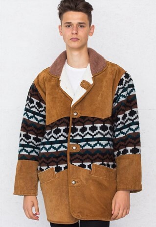 VINTAGE BROWN SUEDE SHEARLING AZTEC JACKET