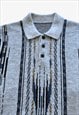 VINTAGE 80S MEN'S ABSTRACT PRINT GREY COLLARED JUMPER