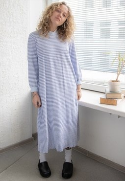 Vintage 70's White/Blue Striped Midi Long Sleeved Dress