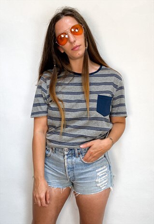 VINTAGE 90'S GREY & BLUE STRIPE LOOSE TEE