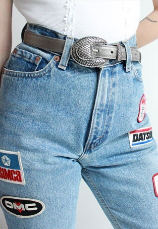VINTAGE 90S SILVER LEATHER AND BUCKLE WESTERN BELT