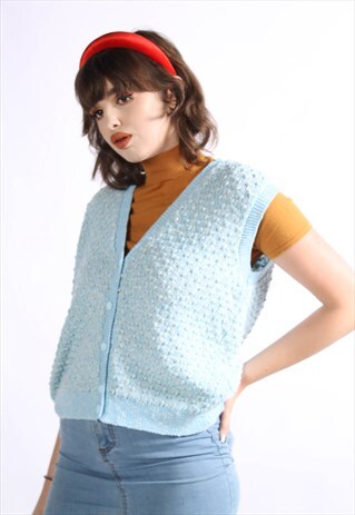 VINTAGE 80'S SLEEVELESS KNITTED CARDIGAN BLUE