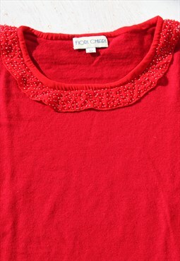 Red merino wool knit blouse,sweater,with embellished detail