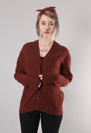 VINTAGE 80S MAROON LAMBSWOOL RIBBED CARDIGAN