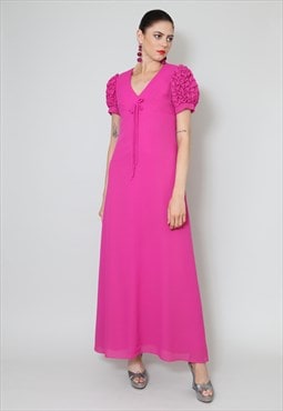 70's Vintage Ladies Dress Fucia Pink Ruffled Sleeve Maxi 