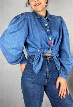  80s Vintage Denim Folk Embroidered Blouse