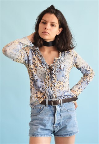 90'S RETRO KITSCH FLORAL PRINT STRETCH PARTY TOP