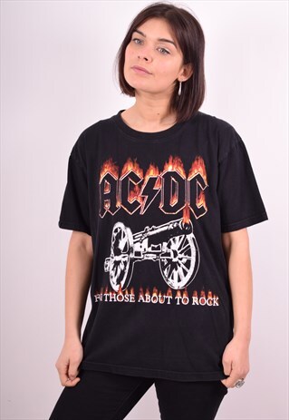 WOMENS VINTAGE AC/DC T-SHIRT TOP MEDIUM BLACK 90S
