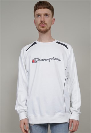 VINTAGE 90'S CHAMPION OVERSIZED PIPED WHITE SWEATSHIRT
