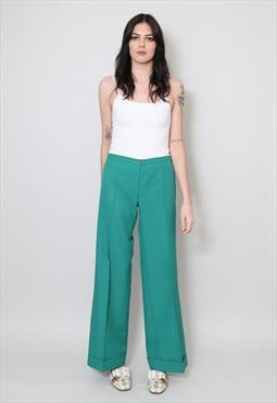 70's Vintage Ladies Green Flared Bell Bottom Trousers
