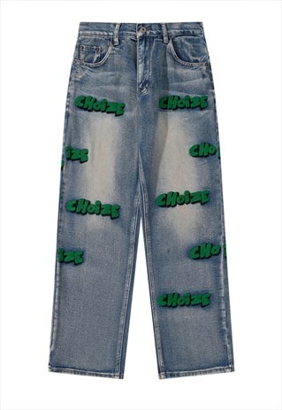 KALODIS LETTER-EMBROIDERED WASHED DISTRESSED JEANS