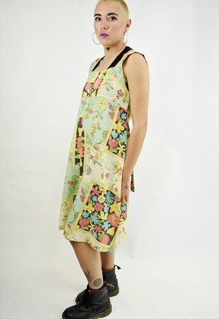 VINTAGE 80'S FLORAL CHERUB PATCHWORK PRINT PINAFORE DRESS