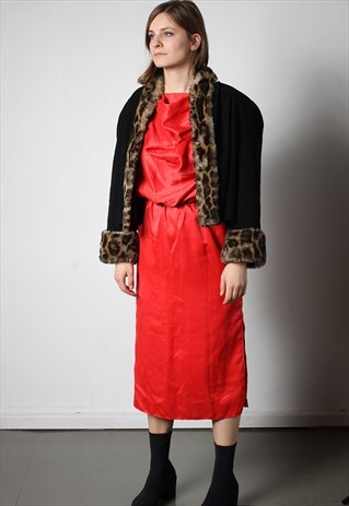 90'S WOOL CAPE JACKET WITH LEOPARD FAUX FUR
