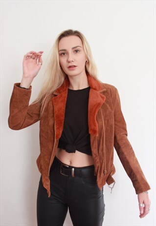 VINTAGE RARE UNIQUE ORANGE FAUX FUR REAL SUEDE BIKER JACKET
