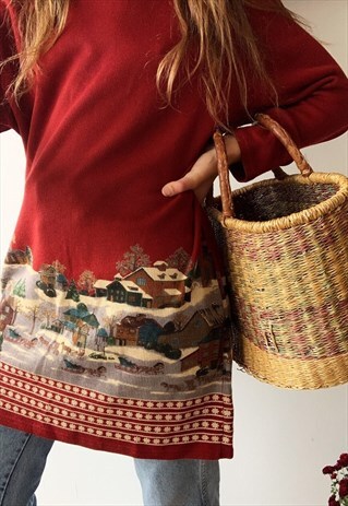 RARE VINTAGE 70S ELLE CHRISTMAS VIEW KNIT LONG JUMPER