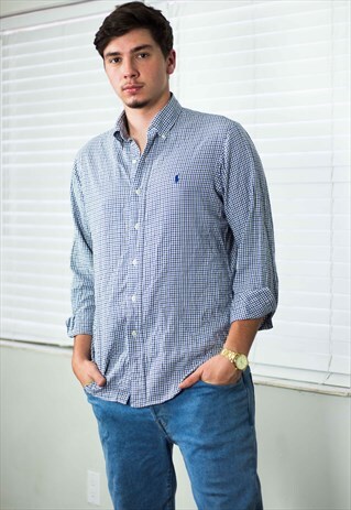 VINTAGE POLO RALPH LAUREN SHIRT FLANNEL LOGO 90S M 6.5