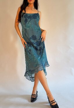 00s Teal Blue Floral Asymmetrical Hem Flowy Mesh Midi Dress