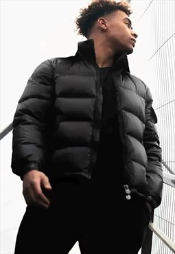 54 Floral Collared Puffer Bubble Padded Jacket Coat - Black 