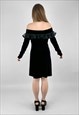 80'S BLACK RUFFLE VELVET OFF SHOULDER LADIES EVENING DRESS