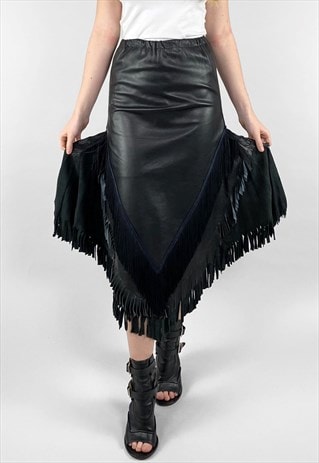 80's Vintage Asymmetric Fringed Leather Black Midi Skirt
