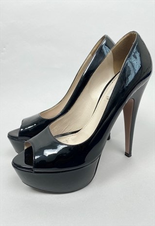 Prada Ladies Black Patent Leather Platform Shoes 37.4