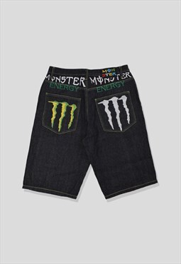 Vintage Monster Energy Embroidered Hip-Hop Denim Shorts