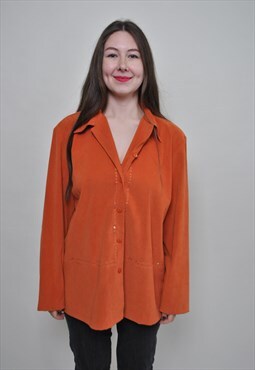Minimalist orange blouse, cute flowers embroidery button up 