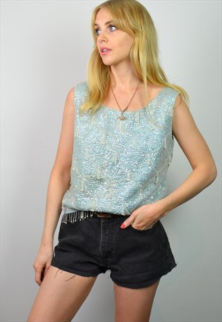 VINTAGE 60S PASTEL BLUE IRIDESCENT BEADED FESTIVAL TOP