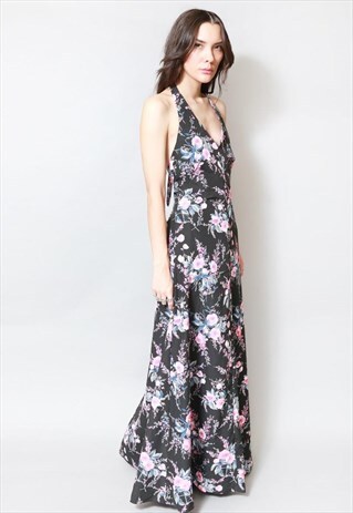VINTAGE 1970'S PINK FLORAL PRINT MAXI HALTER NECK DRESS