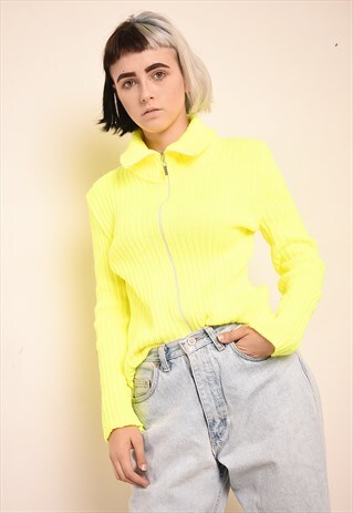 70'S RETRO ATHLEISURE BRIGHT YELLOW RIBBED KNIT CARDIGAN
