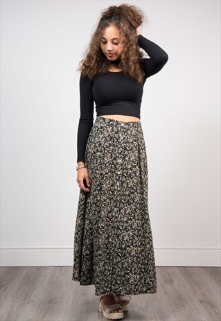 VINTAGE FLORAL PATTERN BUTTON SUMMER MIDI SKIRT