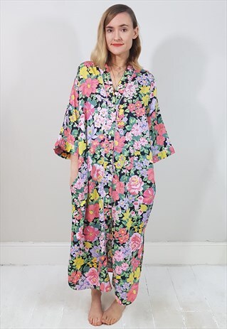VINTAGE 80'S PINK FLORAL COTTON DRESSING GOWN