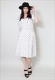 70'S VINTAGE LADIES DRESS WHITE BLACK POLKA DOT SHORT SLEEVE