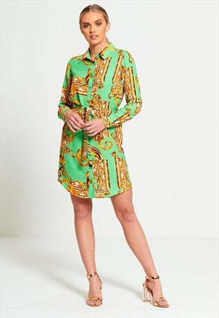 GREEN BAROQUE BUTTON UP DRESS