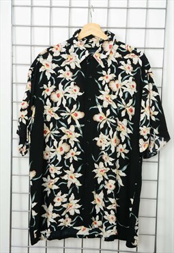 Vintage 90s Hawaiian Shirt Floral Black Size L
