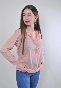 Women vintage pink ruffled transparent casual blouse 