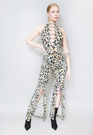 VINTAGE 1990'S LEOPARD PRINT CUT OUT FLARED LEG JUMPSUIT